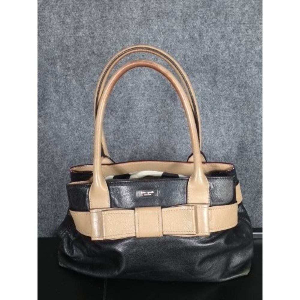 Kate Spade Elena New York Black Tan Leather Bow Tote Handbag Purse Shoulder Bag